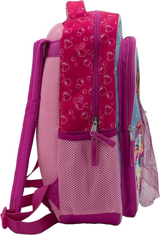 Side of bink Barbie backpack with dress, Water bottle pocket with airfoam mesh. 