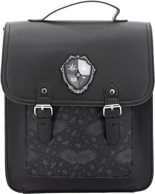 Wedneday Adams Costume Backpack, leather, black, Official Licensed product. Front view, buckles fold over.